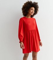 New Look Red Crinkle Long Sleeve Mini Smock Dress